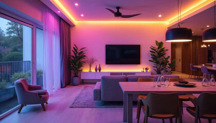 Modern home interior features cozy living room with dining area, TV. Vibrant ambient lighting in pink, orange hues creates warm, inviting atmosphere. Stylish furniture, plants, sleek decor define