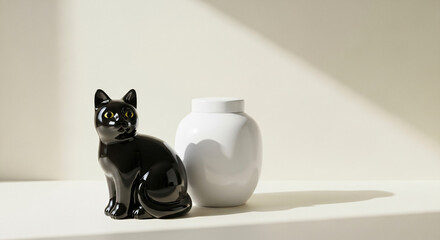 Black Cat Figurine with White Jar on Minimalist Shelf in Soft Natural Light