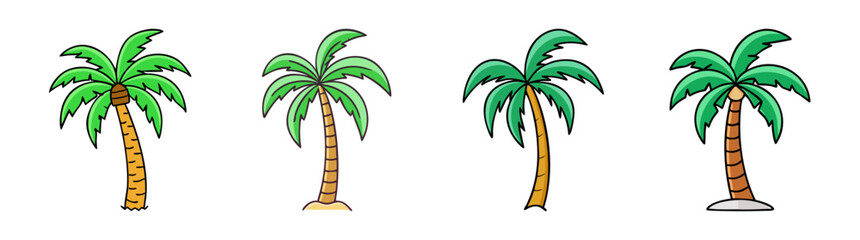 Four Cartoon Palm Trees with Different Shades of Green on White Background