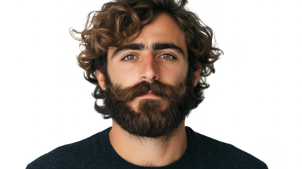 Man with curly hair and a thick beard looks directly at the camera with a serious expression against a plain backdrop