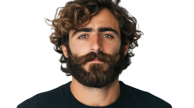 Man with curly hair and a thick beard looks directly at the camera with a serious expression against a plain backdrop
