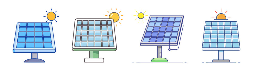 Cartoon illustration showing a variety of solar panels and sunlight shining
