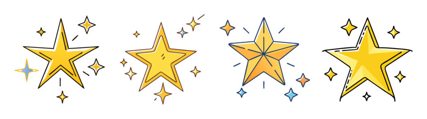 Collection of sparkling hand drawn cartoon style star icons on white background