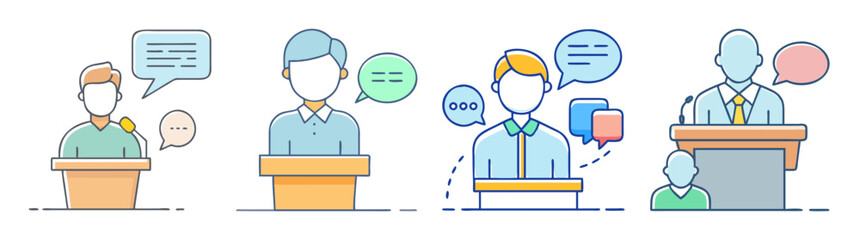 Various illustrations of anonymous speakers and speech bubbles on top of a podium