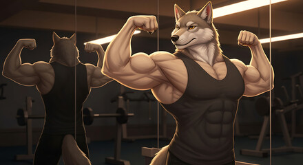 A strong muscle wolf cartoon in a gym setting, admiring his bodybuilding gains while flexing powerful bicep muscles in the mirror's reflection.