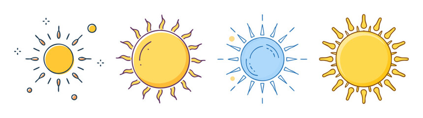 Four stylized sun icons in a row depicting light and warmth
