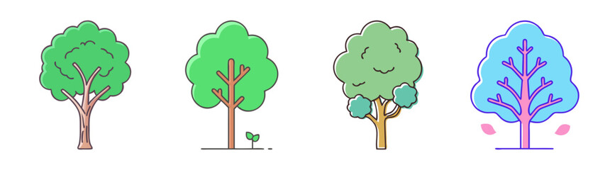 Four stylized trees in various seasons showing spring, summer and autumn