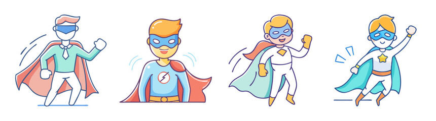 Four cartoon superheroes in various poses, displaying different powers and costumes