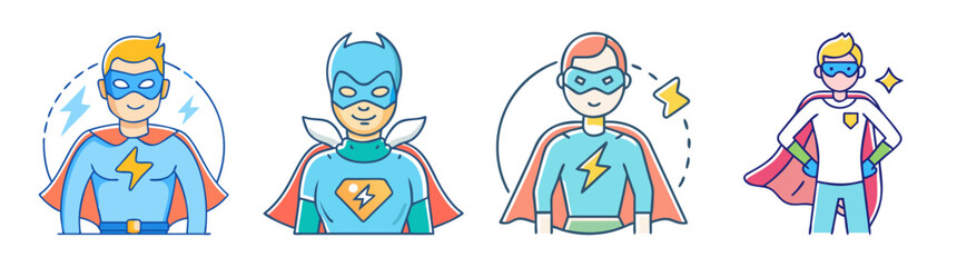 Four illustrated cartoon superheroes in masks and capes with lightning bolt emblems