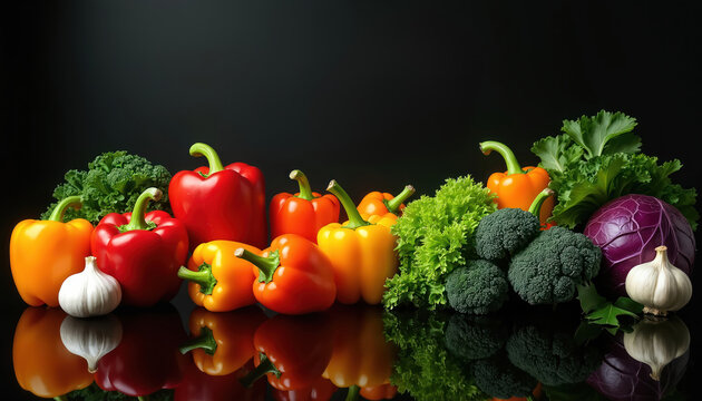 Vibrant assortment of fresh vegetables including bell peppers, broccoli, garlic, red cabbage arranged on black reflective surface. Colorful produce provides healthy ingredients for cooking, eating,
