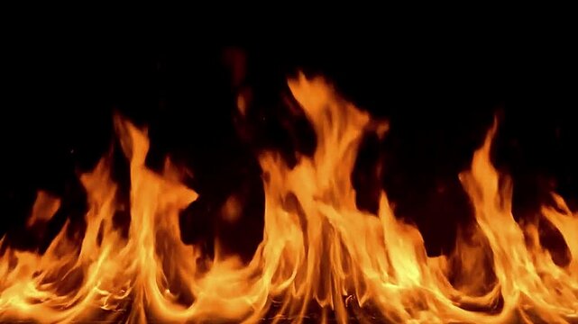 Dynamic flames with orange and yellow hues against a dark backdrop