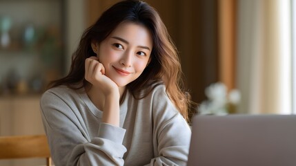 Fototapeta premium Young Asian woman working from home with modern laptop and empty space for text, natural daylight in cozy living room.
