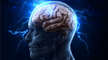 Realistic Animated Human Head with Glowing Brain and Neural Connections – Concept of Imagination and Innovation
