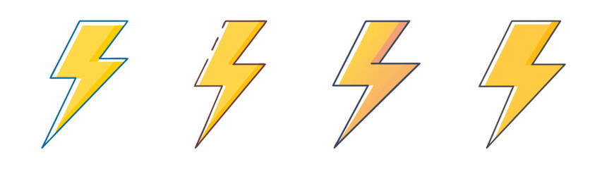 Four stylized cartoon lightning bolt icons with varying colors and outlines