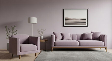 purple sofa mockup, Cozy pastel room with stylish lavender couch floor lamp and framed abstract artwork on mauve wall for interior design presentation or poster showcase

