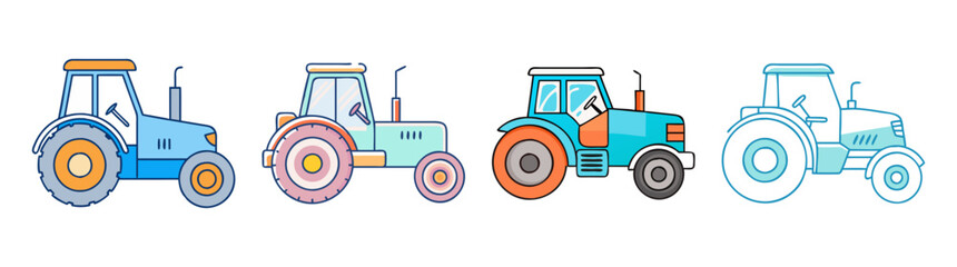 Collection of Four Colorful Cartoon Tractors with Unique Designs and Color Palettes
