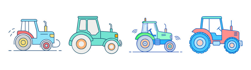 Cartoon farm tractors with blue and green colors isolated on white background