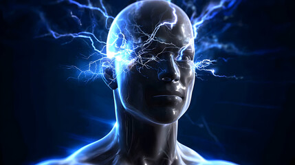 Realistic Animated Human Head with Glowing Brain and Neural Connections – Concept of Imagination and Innovation
