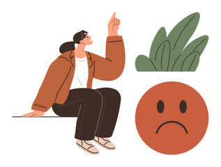 Thoughtful individual sitting, pointing upwards near sad face symbol and plants. Ideal for emotional well-being, reflection, mental health, decision-making, mood representation, personal growth
