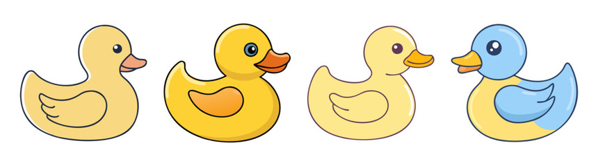 Four cute rubber ducks of different colors and styles for bath time