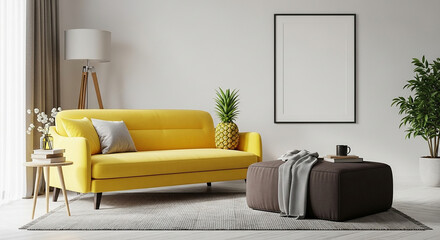 yellow sofa mockup, Bright minimal interior with yellow couch potted plant and empty black frame for artwork print mockup presentation or poster wall display background

