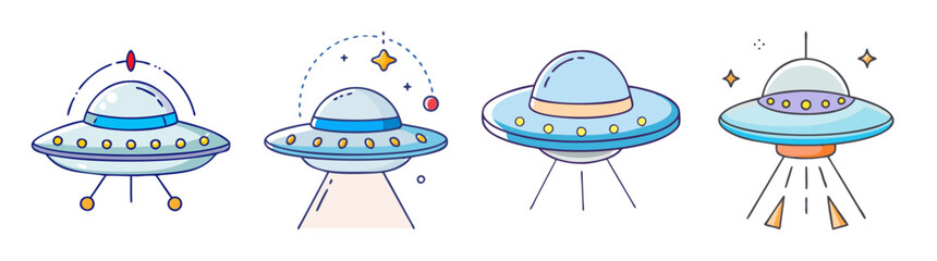 Four uniquely designed cartoon spaceships or UFOs ready for an interstellar adventure