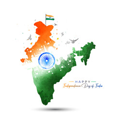 Happy Independence Day of India. Tricolor flag with red fort and monument vector illustration.