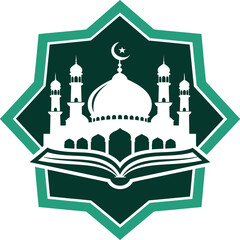 An elegant design featuring a mosque silhouette with a crescent moon, set against a geometric background resembling an open book.