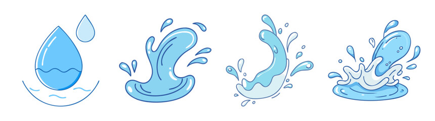 Cartoon Illustration of a Set of Water Elements with Blue Color Scheme