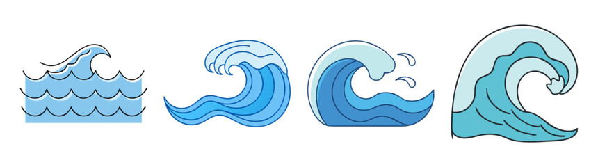 Obraz premium Four stylized ocean waves in different forms and shades of blue color