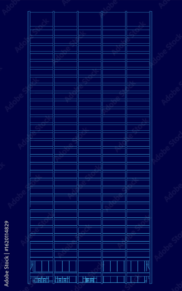 Poster a tall building blueprint on a blue background features multiple levels with unique designs. detaile