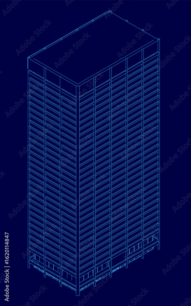 Poster a tall building blueprint features multiple levels with unique designs, set against a vibrant blue b