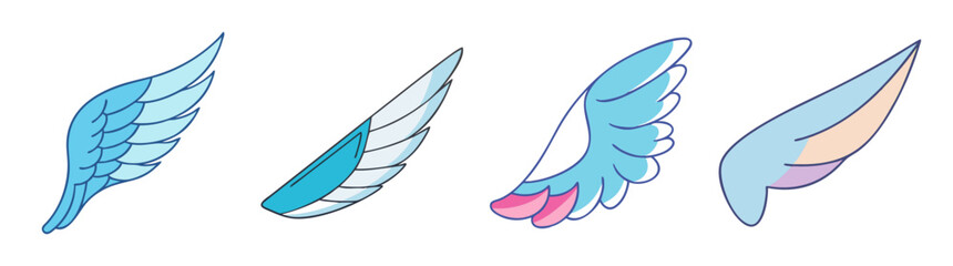 Four stylized wings in various shades of blue, pink and white isolated