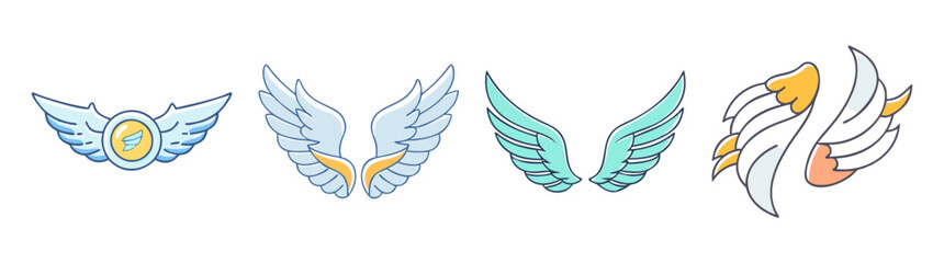 Different cartoon angel wings in various colors and shapes vector illustration