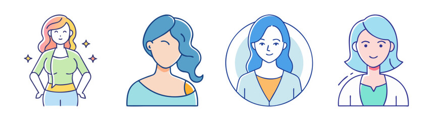 Four different women with different hairstyles in colorful cartoon illustration style