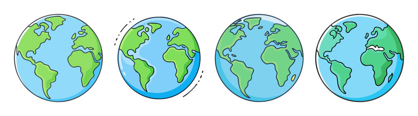 Cartoonish Earth Globes Illustrating Rotation and Different Hemispheres, Showing Continents
