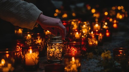 a woman placing a candle in the temple