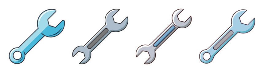 Group of cartoon wrench tools in various colors and angles on white