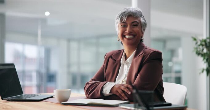 Face, mature or businesswoman on laptop with smile, opportunity or investment banking career. Finance, digital technology or happy professional banker with confidence, experience or financial report