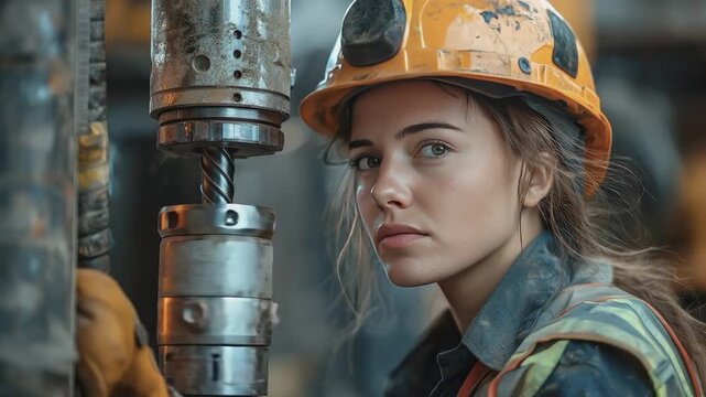 Empowered Female Technician: A confident female technician stands at the forefront of her profession, surrounded by machinery, exuding an air of expertise and dedication.