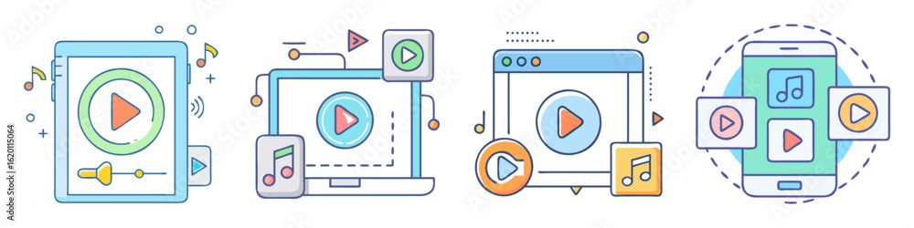 Poster various interfaces displaying music and video playing functionality icons in vector style