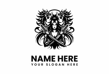 Fierce DragonGuarded Warrior Woman with Crossed Katana Swords.