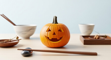 Cheerful Halloween Pumpkin Surrounded by Decorative Bowls and Chopsticks on Table