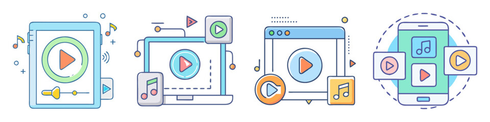 Various interfaces displaying music and video playing functionality icons in vector style