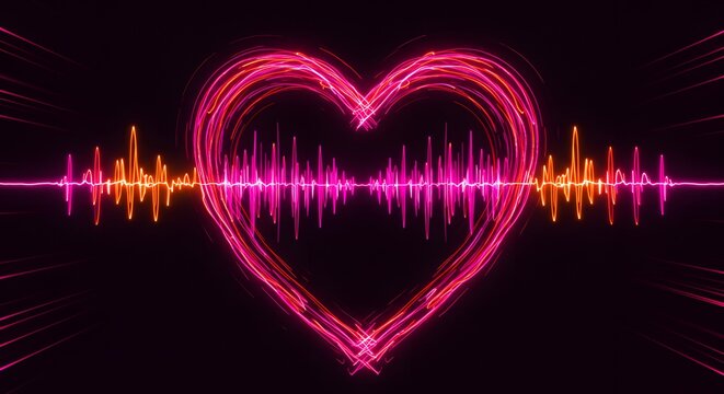 Neon heart shape with audio waves in vibrant pink and orange against a dark black background design