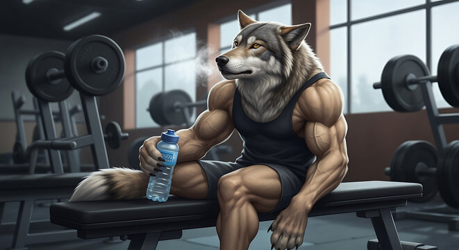 An anthropomorphic muscle wolf cartoon rests on a weight bench with a water bottle, taking a break from a strenuous workout in a modern gym.
