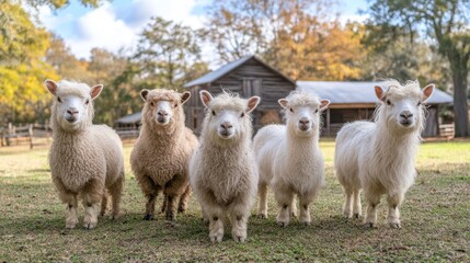 Obraz premium Five fluffy sheep in a field, facing forward, near a rustic barn