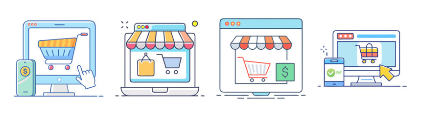 Collection of vector icons illustrating various concepts of online shopping and e commerce