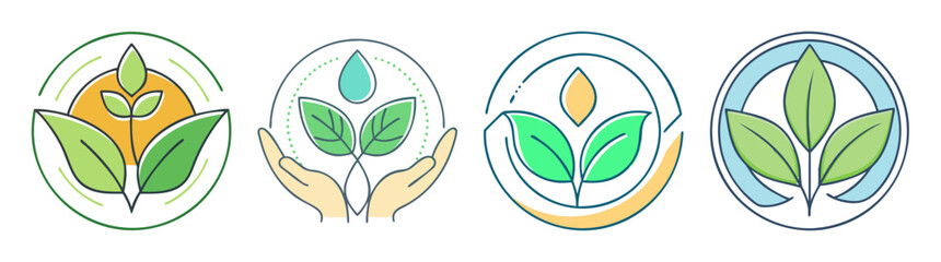 Four illustrations showing nature conservation and sustainable resource management concepts