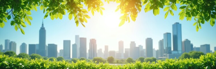 Obraz premium Cityscape with modern buildings, rich green trees under clear blue sky. Sunlight filters through vibrant leaves in foreground, creating tranquil scene of urban nature harmony, sustainable development.